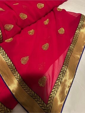 Pink Chiffon Saree with Gold Leaf Embroidery